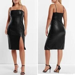 Express Black Faux Leather Midi Slip Dress with Side Slit